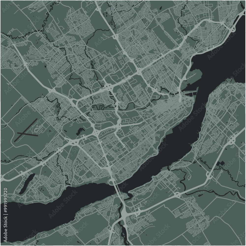 Map of Quebec City in Canada in a smooth dark style. Contains layered vector with roads water, parks, etc. Map of Quebec City in Canada in a smooth dark style. Contains layered vector with roads water, parks, etc.