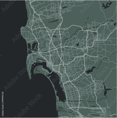 Map of San Diego in California in a smooth dark style. Contains layered vector with roads water, parks, etc.