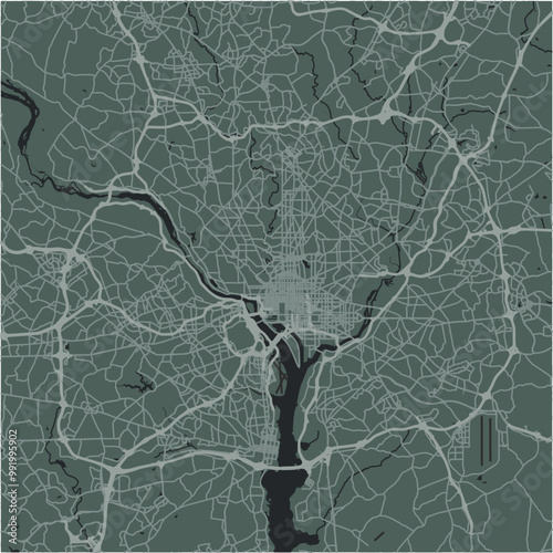 Map of Washington in District of Columbia in a smooth dark style. Contains layered vector with roads water, parks, etc.