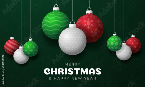 golf Christmas Greeting card. Merry Christmas and happy new year sport greeting card. Hang on a thread green and red xmas ball bauble