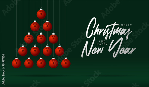 bowling Christmas Greeting card. Merry Christmas and happy new year sport greeting card. Hang on a thread green and red xmas ball bauble