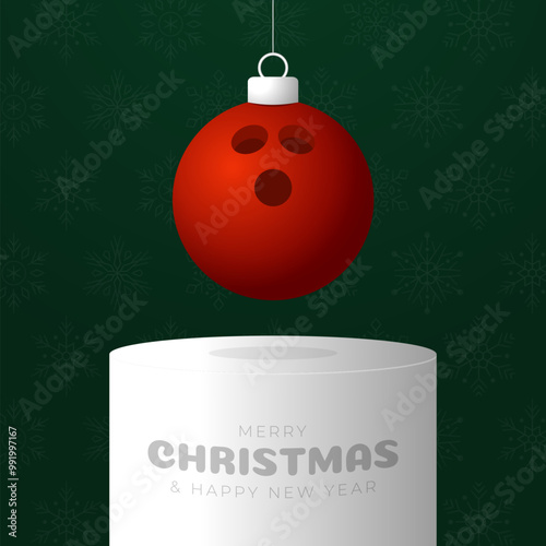 bowling Christmas Greeting card. Merry Christmas and happy new year sport greeting card. Hang on a thread green and red xmas ball bauble