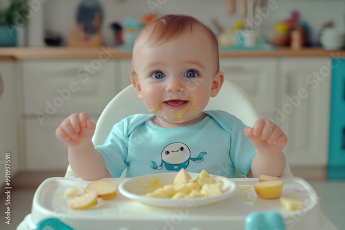 A cute baby sitting in his high chair eating fruit.