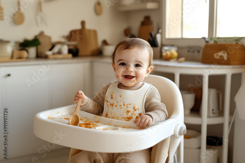 A cute baby sitting in his high chair eating fruit. photo