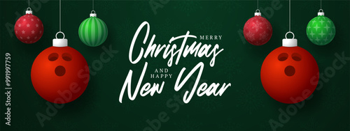 bowling Christmas Greeting card. Merry Christmas and happy new year sport greeting card. Hang on a thread green and red xmas ball bauble
