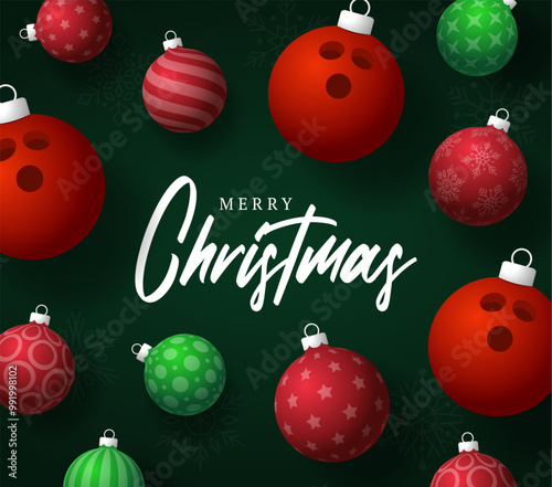 bowling Christmas Greeting card. Merry Christmas and happy new year sport greeting card. Hang on a thread green and red xmas ball bauble