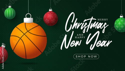 basketball Christmas Greeting card. Merry Christmas and happy new year sport greeting card. Hang on a thread green and red xmas ball bauble