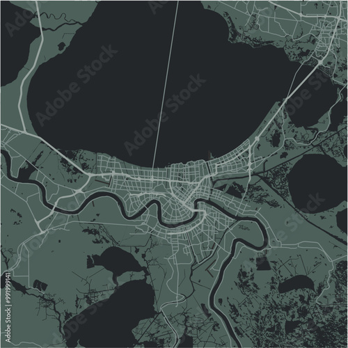 Map of New Orleans in Louisiana in a smooth dark style. Contains layered vector with roads water, parks, etc.