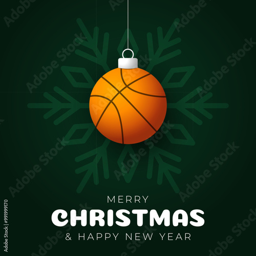 basketball Christmas Greeting card. Merry Christmas and happy new year sport greeting card. Hang on a thread green and red xmas ball bauble