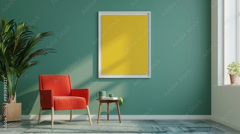 A bright, modern living room with a red armchair and a large yellow framed picture on the wall. A bright, modern living room with a red armchair and a large yellow framed picture on the wall.