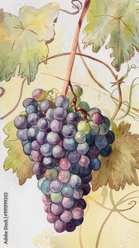 Watercolor Painting of Grape Bunch Hanging from Vine with Leaves photo