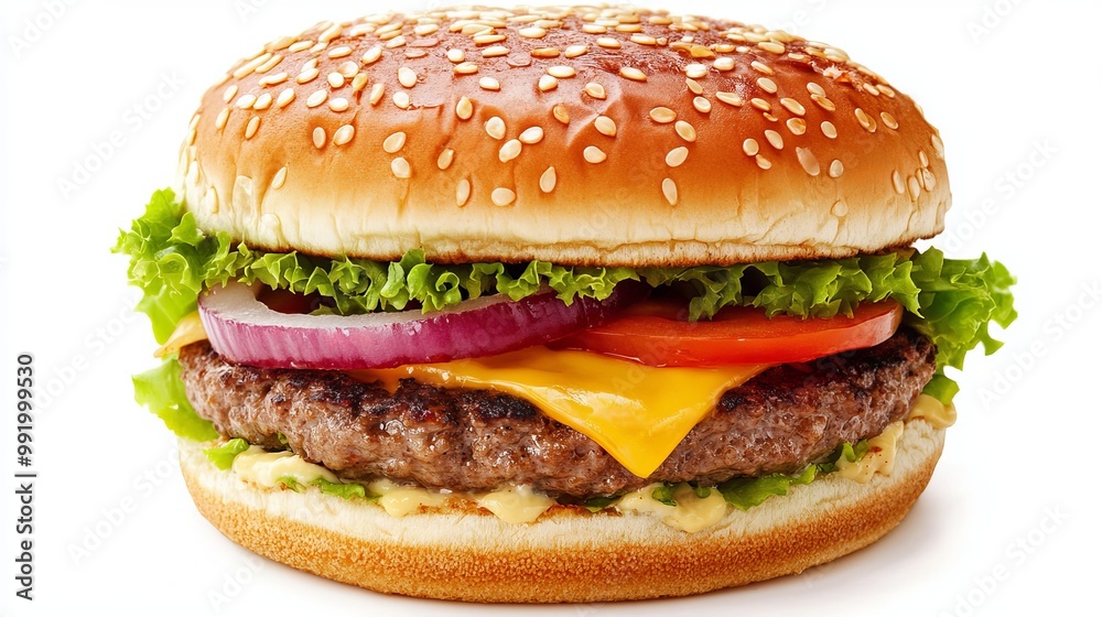 A classic hamburger on a white background. A classic hamburger on a white background.
