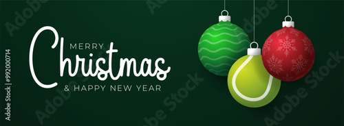 tennis Christmas Greeting card. Merry Christmas and happy new year sport greeting card. Hang on a thread green and red xmas ball bauble