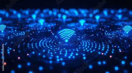 3D Wi-Fi light represents glowing blue signals. It shows how wireless networks work, like waves spreading out from a central point. The waves are like circles that get bigger and bigger.