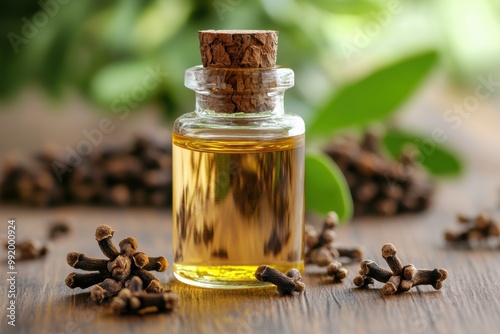 transparent bottle of clove oil with cloves, promoting natural healthcare concept