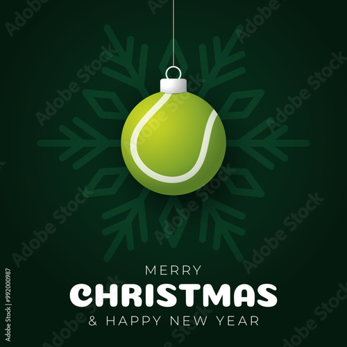 tennis Christmas Greeting card. Merry Christmas and happy new year sport greeting card. Hang on a thread green and red xmas ball bauble