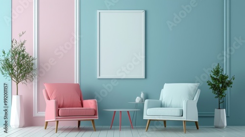 A minimalist living room with pink and blue accents. Two armchairs and a coffee table sit in front of a large picture frame. The room is light and airy with a modern feel.