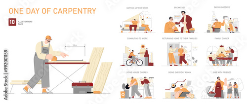 one day of carpentry. Flat Vector Illustration