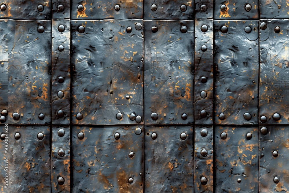 Fototapeta premium Seamless textured metal armor wall featuring riveted plates. The surface shows signs of wear and rust, with a mix of blue and brown tones. 