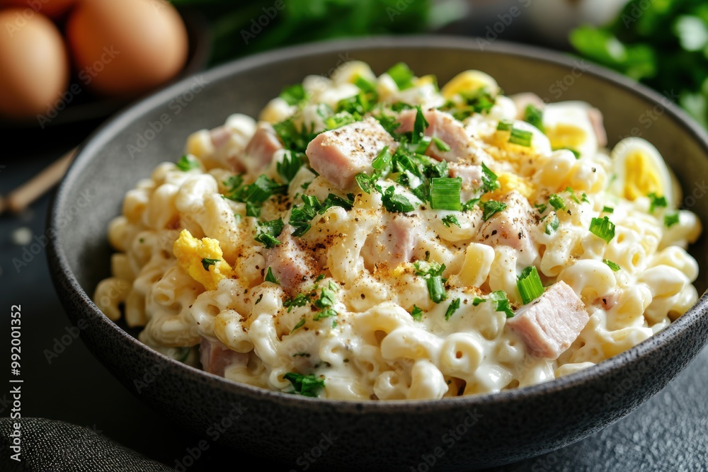try our flavorful macaroni salad with ham, eggs, and green onions a delicious dish suitable for any occasion try our flavorful macaroni salad with ham, eggs, and green onions a delicious dish suitable for any occasion