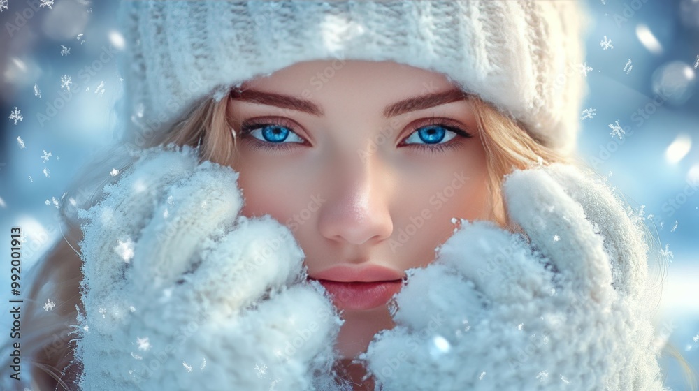 Image of charming lady in white mittens Image of charming lady in white mittens