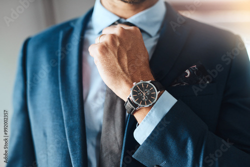 Man, fixing tie and hands for preparation in home, business fashion and confident for job interview. Male person, employee and designer style for recruitment opportunity, getting ready and accessory