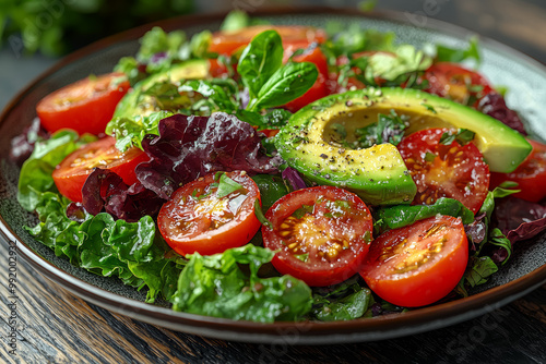 A plate of mixed salad with leafy greens, cherry tomatoes, and avocado slices, dressed with a light vinaigrette. Concept of fresh, healthy eating.