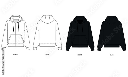 Flat vector sketch of basic hoodie with zipper, front and back view. Fashionable hooded jacket template, vector. Technical drawing of sports sweatshirt with pockets, black and white color. 