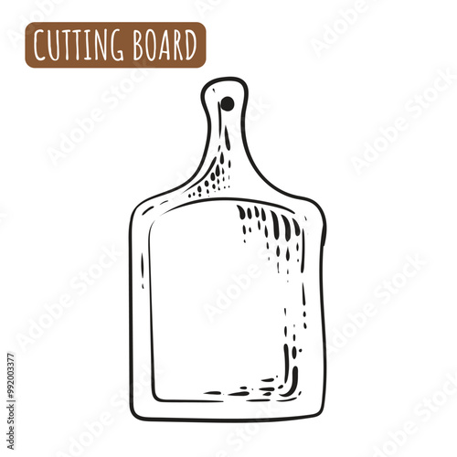 Wooden cutting board. Vintage engraving Kitchen utensils in sketch style. Vector drawing. Imitation of hand drawn cutting board.