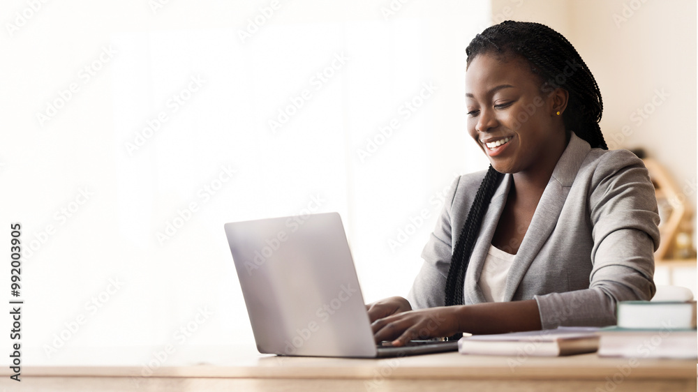 Black Millennial Businesswoman Using Laptop In Modern Office, Copy Space Black Millennial Businesswoman Using Laptop In Modern Office, Copy Space