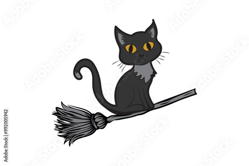 Dark grey cat flying on a broomstick, isolated on white background, vector illustration of black cat with broom for Halloween, Coven of Witches, full moon.