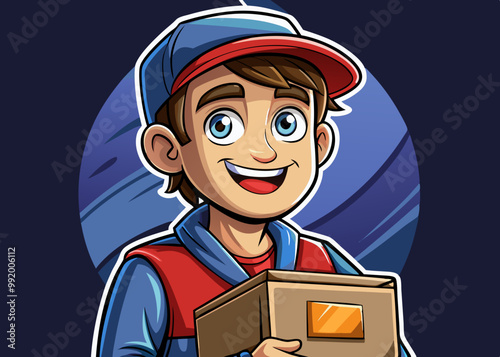 Young European man courier holding cardboard box and smiling cartoon vector illustration, shipping and logistics, black isolated background