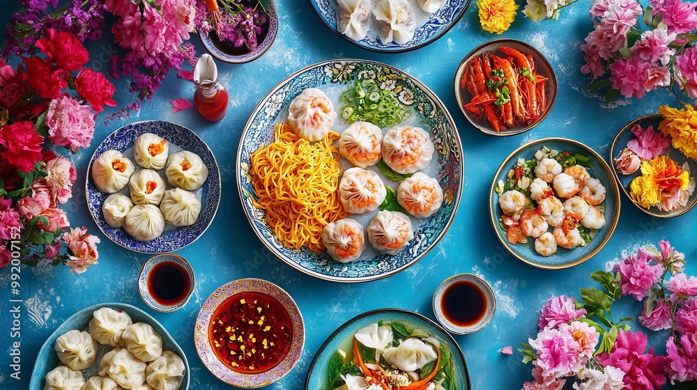 A colorful spread of Chinese dishes is arranged on a blue table adorned with flowers. There are shrimp noodles, steamed dumplings in a patterned bowl, and sauces like soy sauce and chili oil A colorful spread of Chinese dishes is arranged on a blue table adorned with flowers. There are shrimp noodles, steamed dumplings in a patterned bowl, and sauces like soy sauce and chili oil