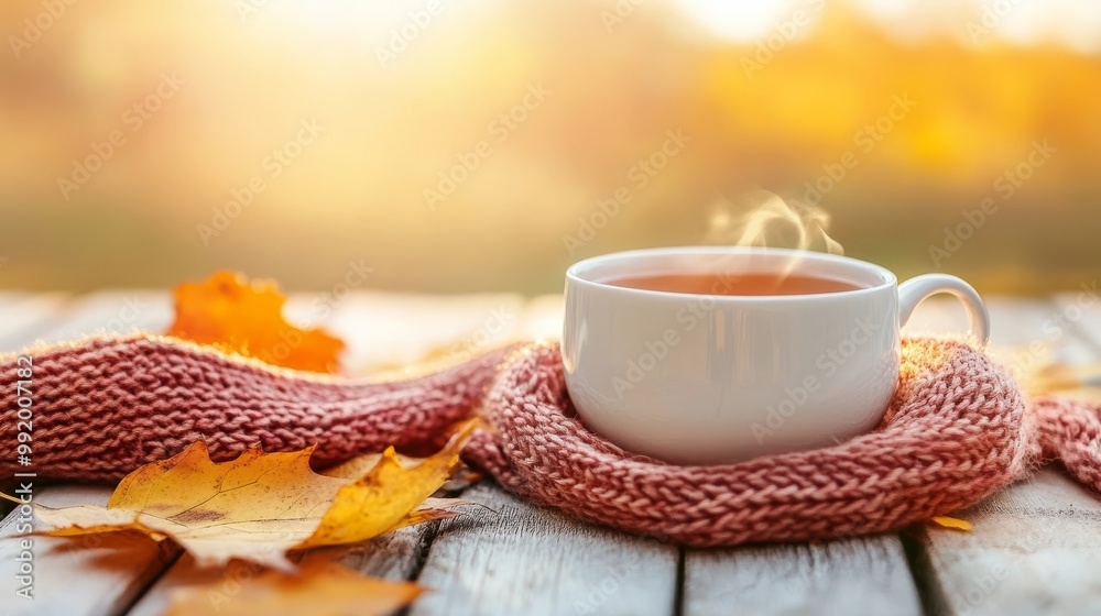 Teacup and autumn leaves on a table. Teacup and autumn leaves on a table.