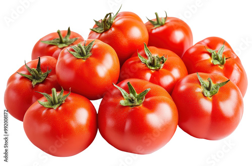 Group of ten fresh tomatoes with green stems on transparent background, vibrant red, ideal for salads or cooking.