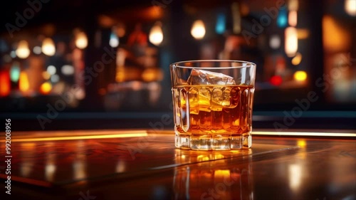 Glass of cognac with ice on a bar counter. Alcohol drink in restaurant on dark background