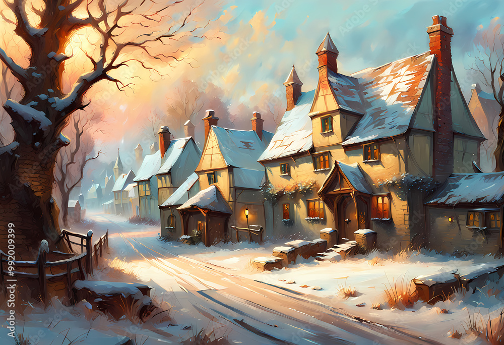 Obraz premium impressionist painting of an old fashioned village street covered in snow in winter