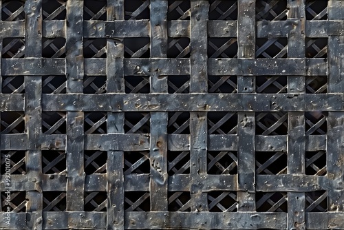 Seamless woven metal grate lattice structure, showcasing intricate patterns and textures. The wood appears aged with a dark finish, highlighting the craftsmanship of the weaving.