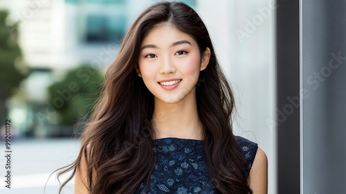 A young girl in an elegant dress smiling against a blurred background. Free Download A young girl in an elegant dress smiling against a blurred background. - GFXLoad