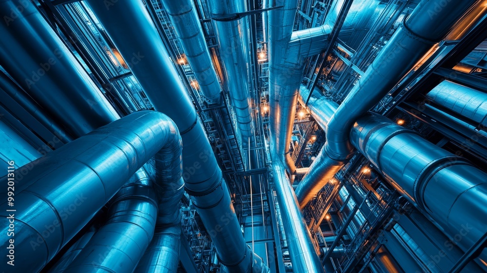 Steel pipes and cables in blue tones Steel pipes and cables in blue tones