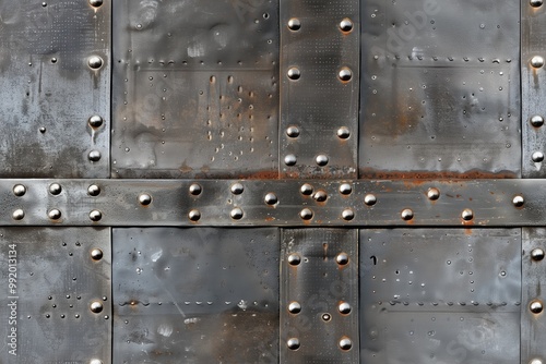 Seamless weathered metal door with rivets and rust. The surface shows signs of wear, with a textured pattern of dark metal and patches of rust, creating an industrial aesthetic. photo