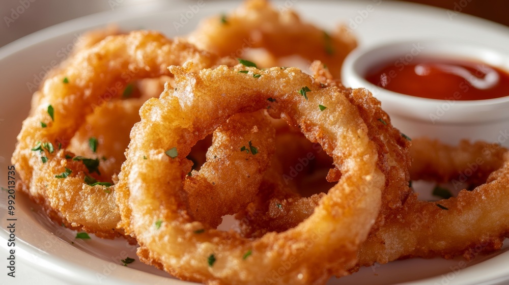 Crispy golden onion rings served with dipping sauce on a white plate
Crispy golden onion rings served with dipping sauce on a white plate