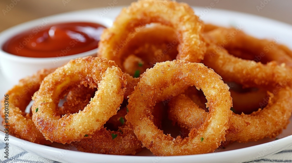 Crispy golden-brown onion rings on a plate, served with a side of dipping sauce, featuring a crunchy texture and juicy interior Crispy golden-brown onion rings on a plate, served with a side of dipping sauce, featuring a crunchy texture and juicy interior