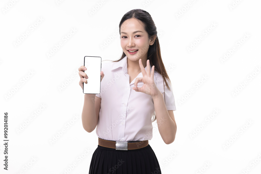 Portrait pretty Asian student girl in Thai university uniform shows mobile smart phone screen isolated on white background. Portrait pretty Asian student girl in Thai university uniform shows mobile smart phone screen isolated on white background.