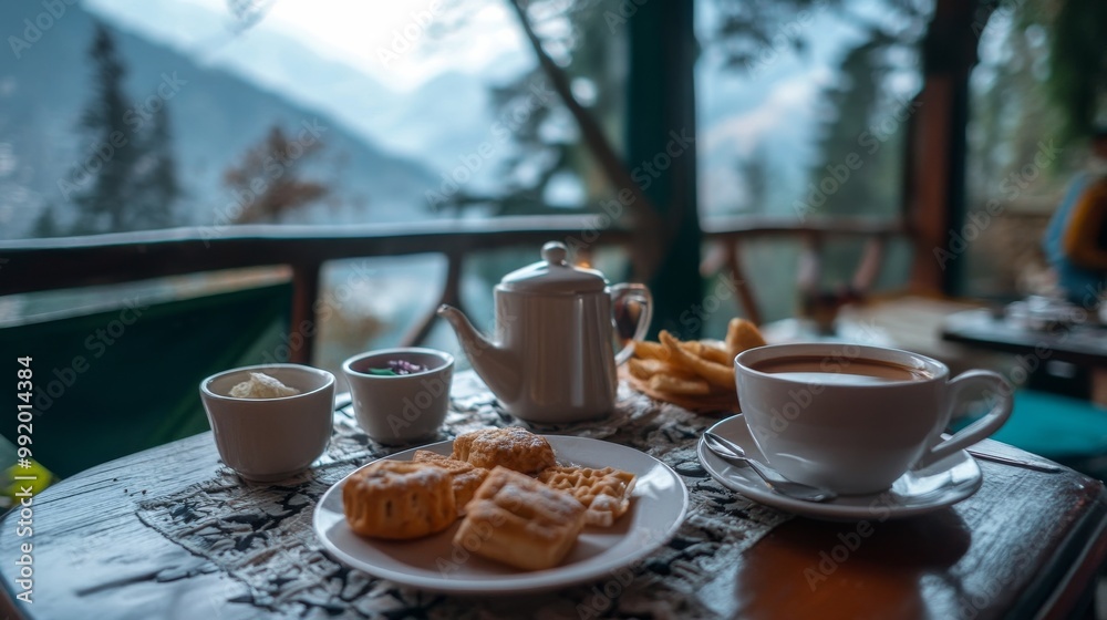 Tea with snacks in white cutlery in Manali, HP Tea with snacks in white cutlery in Manali, HP