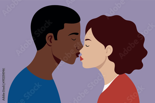 Interracial couple expressing their affection towards each other through tender kiss. Vector flat illustration