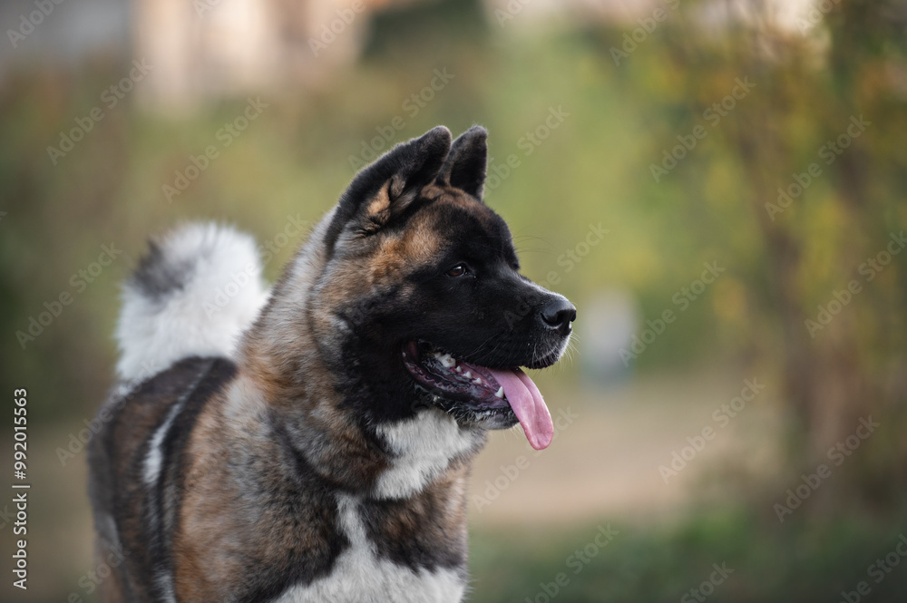 Close up portrait of a cute american akita puppy in the autumn park Close up portrait of a cute american akita puppy in the autumn park
