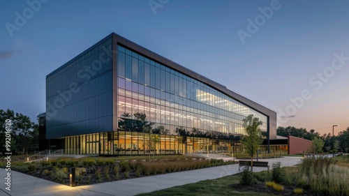 stunning glass sleek modern research facility, reflecting a vibrant sunset sky.