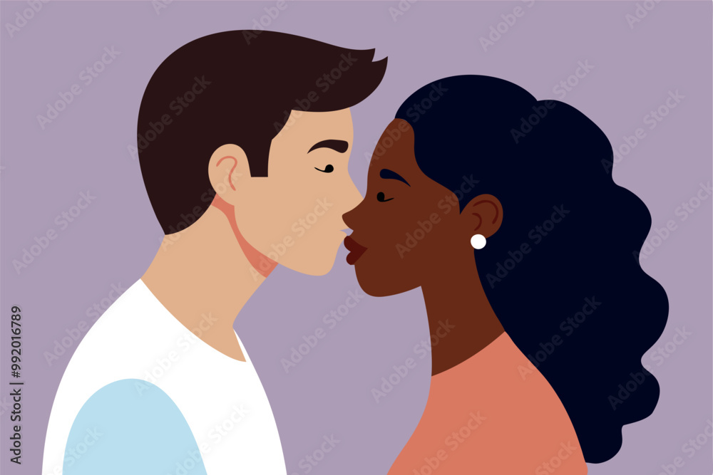 Interracial couple expressing their affection towards each other through tender kiss. Vector flat illustration Interracial couple expressing their affection towards each other through tender kiss. Vector flat illustration