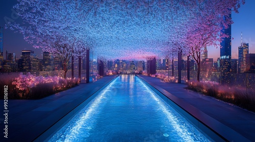 White mulberry placed intricate handblown glass installation above neonlit rooftop pool vibrant reflection of city skyline tropical plant softly blurred behind creating ultramodern vibe Scientific photo